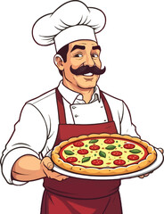 Emblem Of Chef With Holding Colorful Pizza Sketch On White Background Logo
