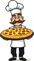 Emblem Of Chef With Holding Colorful Pizza Sketch On White Background Logo