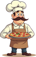 Emblem Of Chef With Holding Colorful Pizza Sketch On White Background Logo