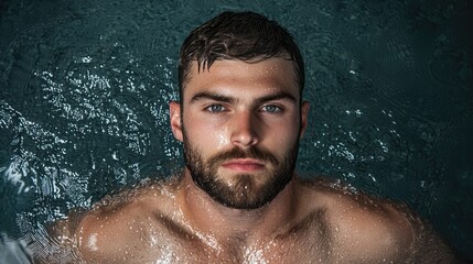 A close-up portrait of a man submerged in water, showcasing his intense gaze and wet hair against a backdrop of rippling waves.