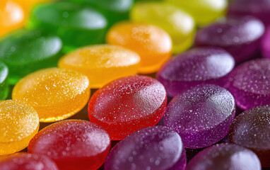 A vibrant array of colorful jelly beans arranged in a rainbow pattern, showcasing their glossy texture and enticing hues.