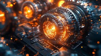 3D render metal gears rotating in unison teamwork and technology concept of seamless interaction