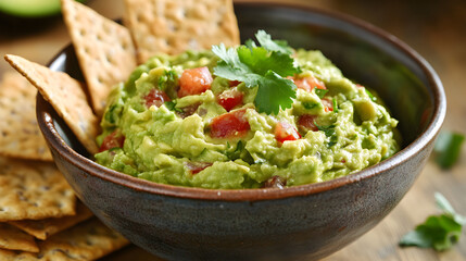 Bowl of fresh guacamole with a side of whole grain crackers