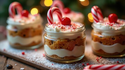 Mini desserts in jars with layers of cream and berries, topped with candy canes. Soft-focus lights create a festive, warm atmosphere.