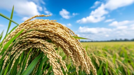 Golden Rice Paddy Field with Blue Sky and Clouds