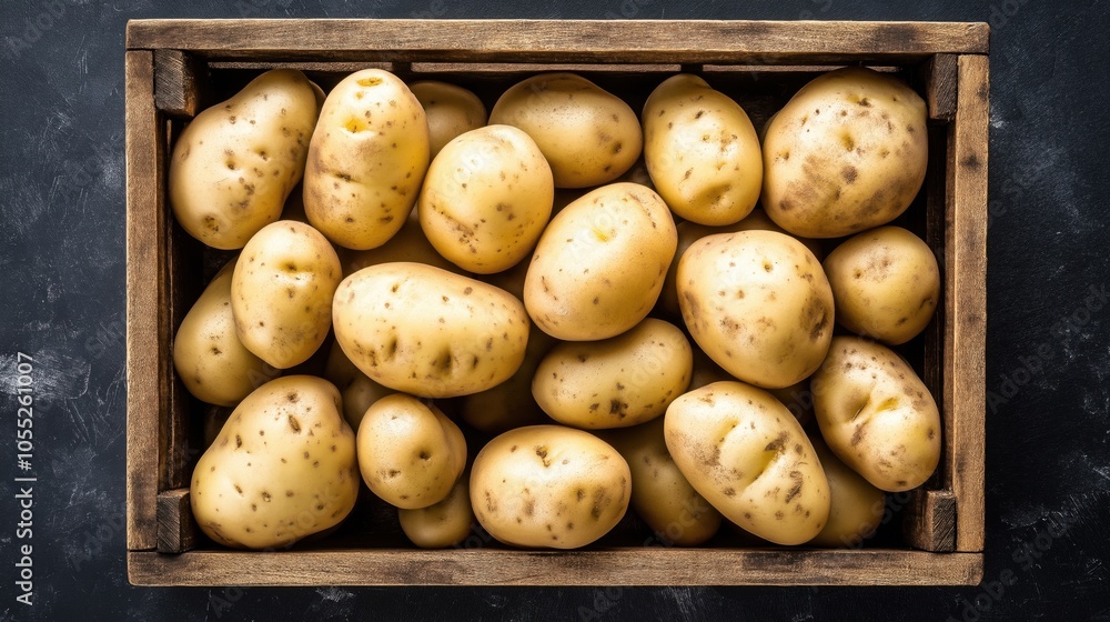 Wall mural Wooden crate filled with fresh unpeeled potatoes on a dark textured background surface.