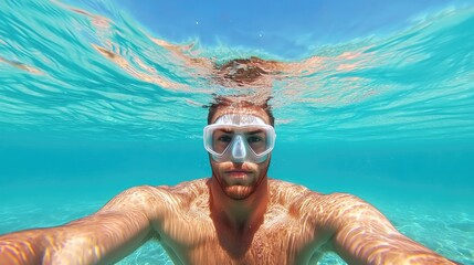 Fototapeta premium A selfie of a man underwater, wearing goggles, surrounded by clear blue water, capturing a refreshing aquatic experience.