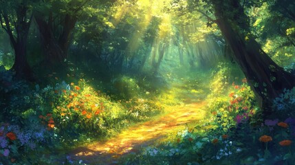 Soft rays of sunlight filter through the tall trees, casting light on the forest floor and creating space for text.