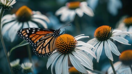 Obraz premium Monarch Butterfly on White Coneflower