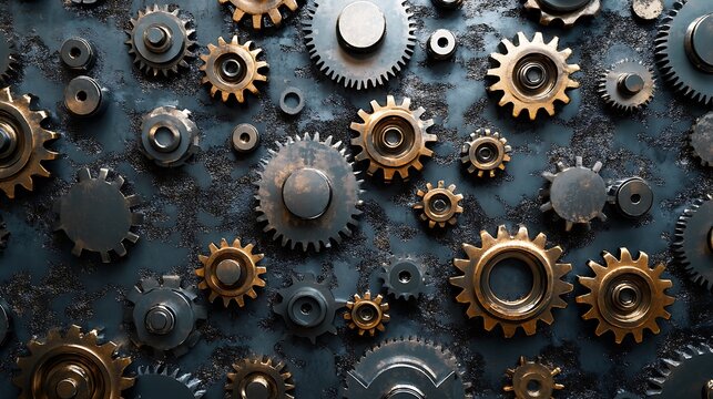 Shiny metal gears rotating seamlessly teamwork and technology concept illustrating efficient synchronization