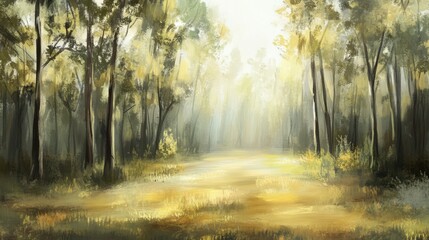 Naklejka premium Soft rays of sunlight filter through the tall trees, casting light on the forest floor and creating space for text.