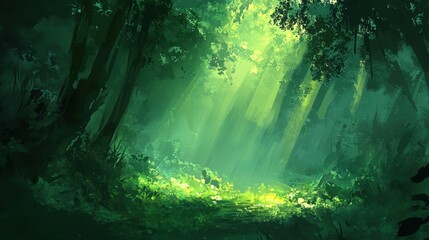 Soft rays of sunlight filter through the tall trees, casting light on the forest floor and creating space for text.