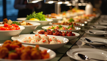 Obraz premium Variety of fresh dishes on a catering buffet with elegant lighting 