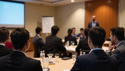 Business meeting with professionals in suits listening to a presentation
