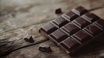 Dark chocolate bar on a rustic wooden surface