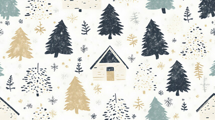 Winter Forest Seamless Pattern, trees, pine trees, snow, snowflakes, cabin