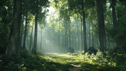 Obraz premium Sunbeams Piercing Through a Misty Forest
