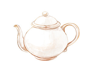 手描き水彩の白のティーポットのイラスト