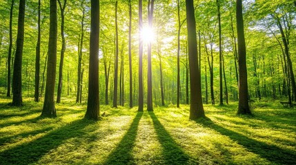 Fototapeta premium Sunlight filters through tall trees in a peaceful forest, casting soft shadows on the forest floor with a clear space for text.