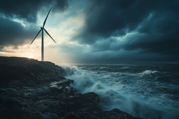 A dramatic landscape featuring a wind turbine beside crashing waves. Dark clouds loom overhead, capturing the power of nature. This image showcases renewable energy. Generative AI