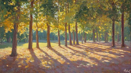 Sunlight filters through the dense canopy of a forest, casting soft light on the ground and leaving an open space for text.
