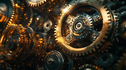 Precision spinning metal gears in rotation teamwork concept in advanced technology and synergy