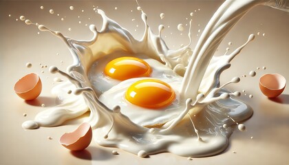 Sunny-side-up eggs being splashed by creamy white milk