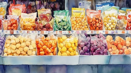 Obraz premium A vibrant watercolor depiction of a busy supermarket aisle showcasing a diverse array of colorful packaged snacks and fresh produce capturing the variety of food options available to consumers