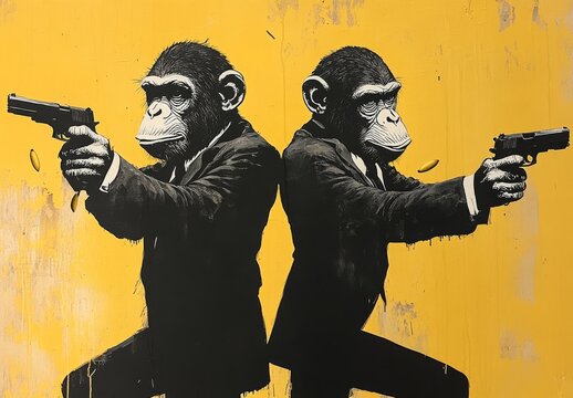 A black and white painting of two monkeys in suits holding bananas, both pointing guns at each other, against a yellow background