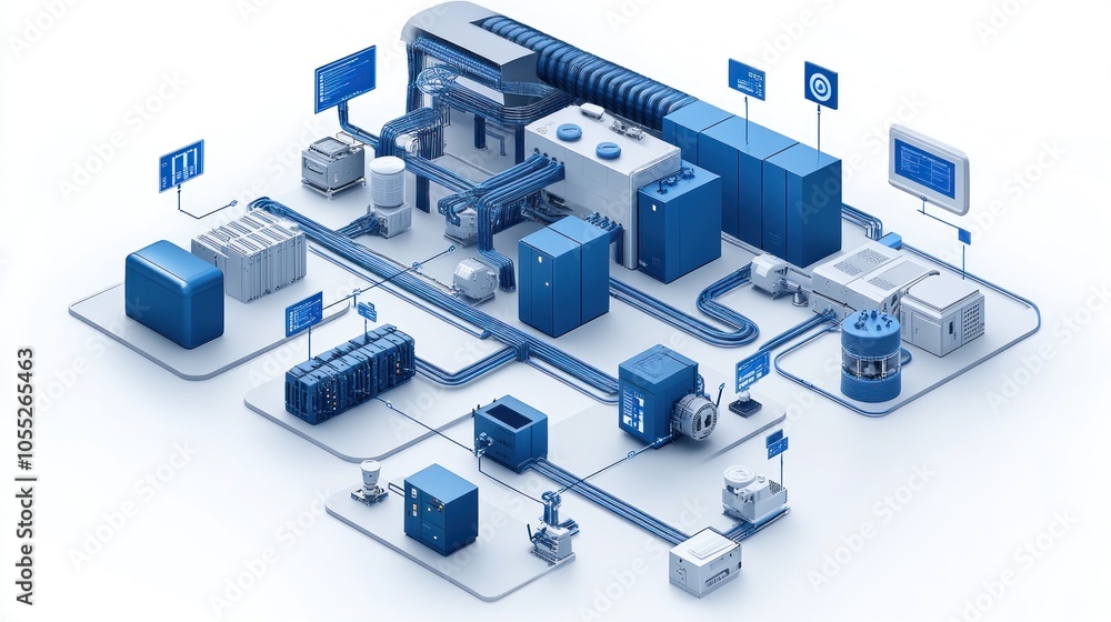 Poster isometric illustration of an automated industrial production line with interconnected machines and c