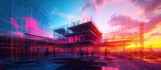 Futuristic building under construction with vibrant sunset sky.