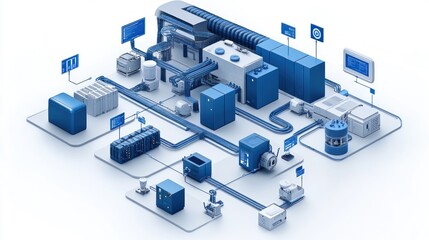 Obraz premium Isometric Illustration of an Automated Industrial Production Line with Interconnected Machines and Components
