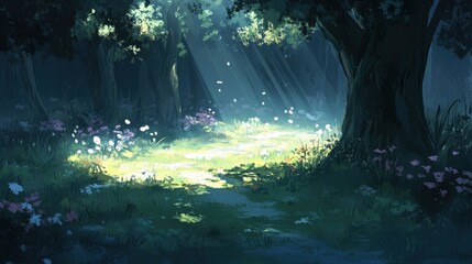 Obraz premium The forest floor glows with soft sunlight breaking through the trees, offering a calm, clear space for text.