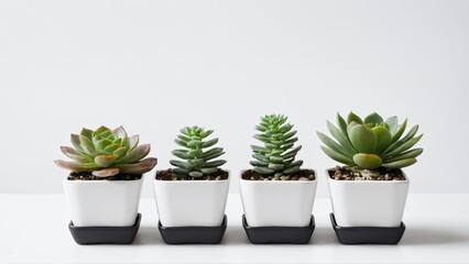 Obraz premium Four succulents in white square pots with black saucers arranged in a row