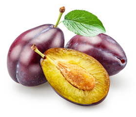 Ripe prune plums with green leaf isolated  on white background. Clipping path.