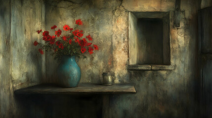 Still Life with Red Flowers and Blue Vase, flowers in vase, vintage, rustic, old wall, window