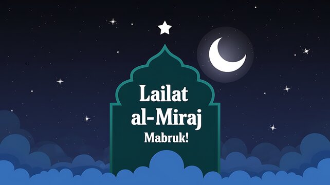 Night Sky Illustration with Crescent Moon, Stars, and "Lailat al-Miraj Mabruk!" Text