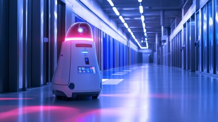 A high-tech security robot patrolling a large facility, scanning the environment with infrared sensors