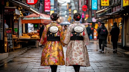 Naklejka premium Two women dressed in colorful traditional attire stroll hand in hand along a lively market street illuminated by colorful signs on a rainy evening