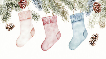 Minimalist watercolor stockings hanging from pine branches, soft pastel colors on a light...