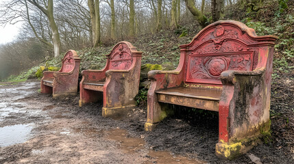 Ornate Bench in the Woods, benches, red, forest, woodland, trees