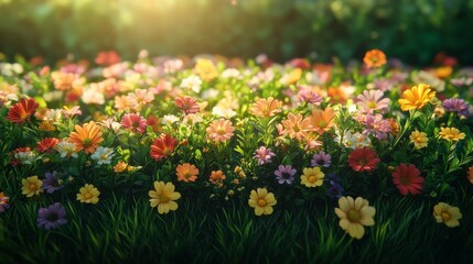 Fototapeta premium a bright green grass field, dotted with a variety of colorful wildflowers in full bloom