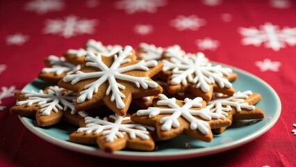 Plate of star-shaped gingerbread cookies with white icing, on a red cloth backdrop. Festive decorations and creamy dip in background enhance holiday feel.