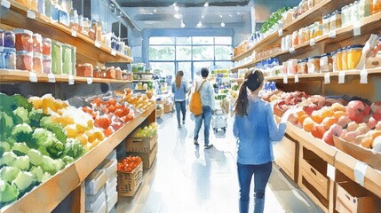 Obraz premium Serene watercolor painting depicting a peaceful supermarket setting with fresh produce fruits and vegetables neatly arranged on wooden shelves creating a calming and simplistic ambiance