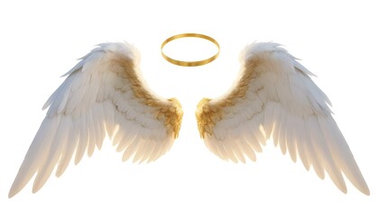 A pair of large isolated white angel wings with a gold halo floating on a plain white background