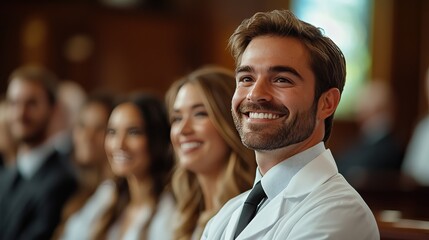 Fototapeta premium A joyful man smiles during a formal event, surrounded by a diverse group of people also expressing happiness.