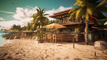 Tropical Beach Bar with Palm Trees