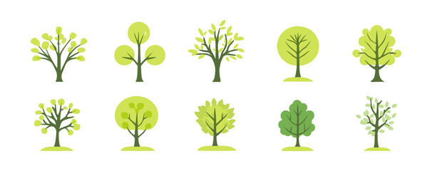 Set of tree and leaf collection hand drawn flat design vector element. botanical set of bare trees and ones with leaves and lush green