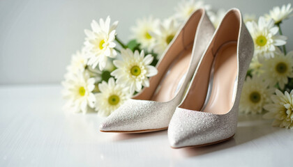 Elegant high heels adorned with sparkling details, displayed among white daisies on a stylish background

