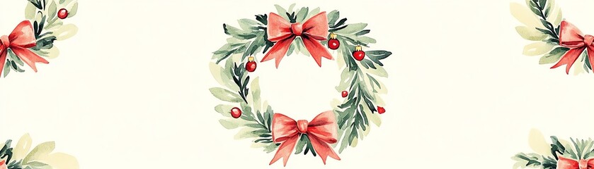 Simple watercolor Christmas wreaths with bells and bows, light green and red tones, floating on a soft cream background, seamless pattern